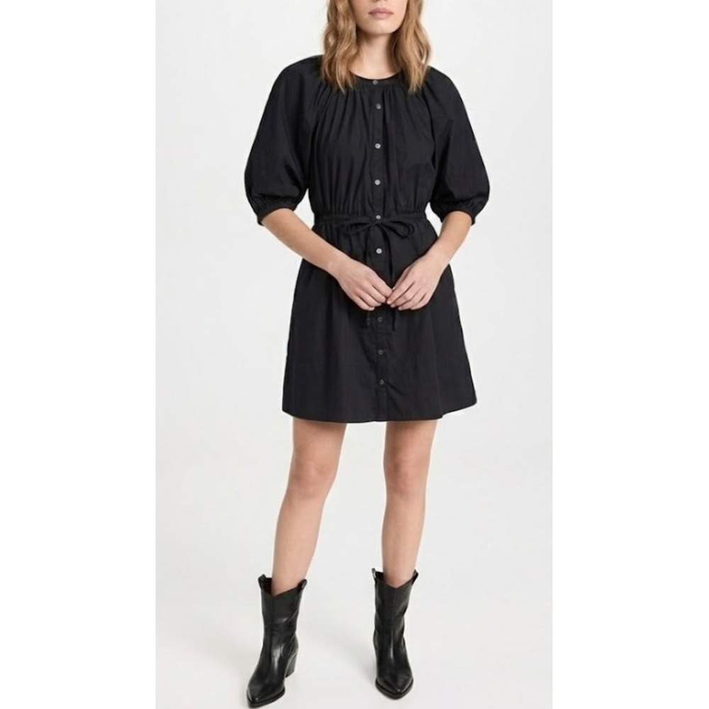 STAUD Vincenza Dress Black Cotton Poplin Puff Sleeve Button Down Mini Dress S